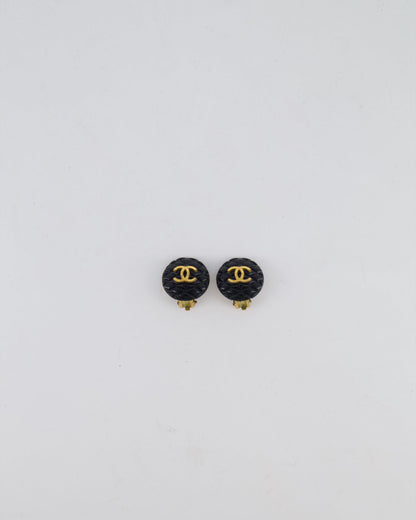 Chanel 94P Vintage Black Matelasse Small Round Clip-On Earrings with Gold CC Logo