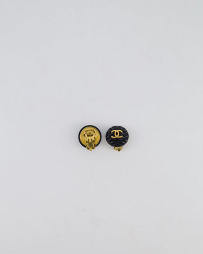 Chanel 94P Vintage Black Matelasse Small Round Clip-On Earrings with Gold CC Logo