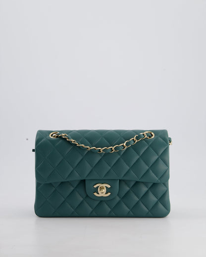 Chanel Green Small Classic Double Flap Bag in Lambskin Leather with Champagne Gold Hardware