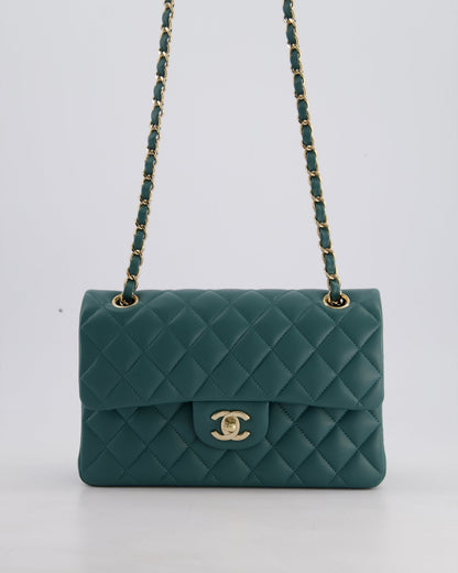 Chanel Green Small Classic Double Flap Bag in Lambskin Leather with Champagne Gold Hardware