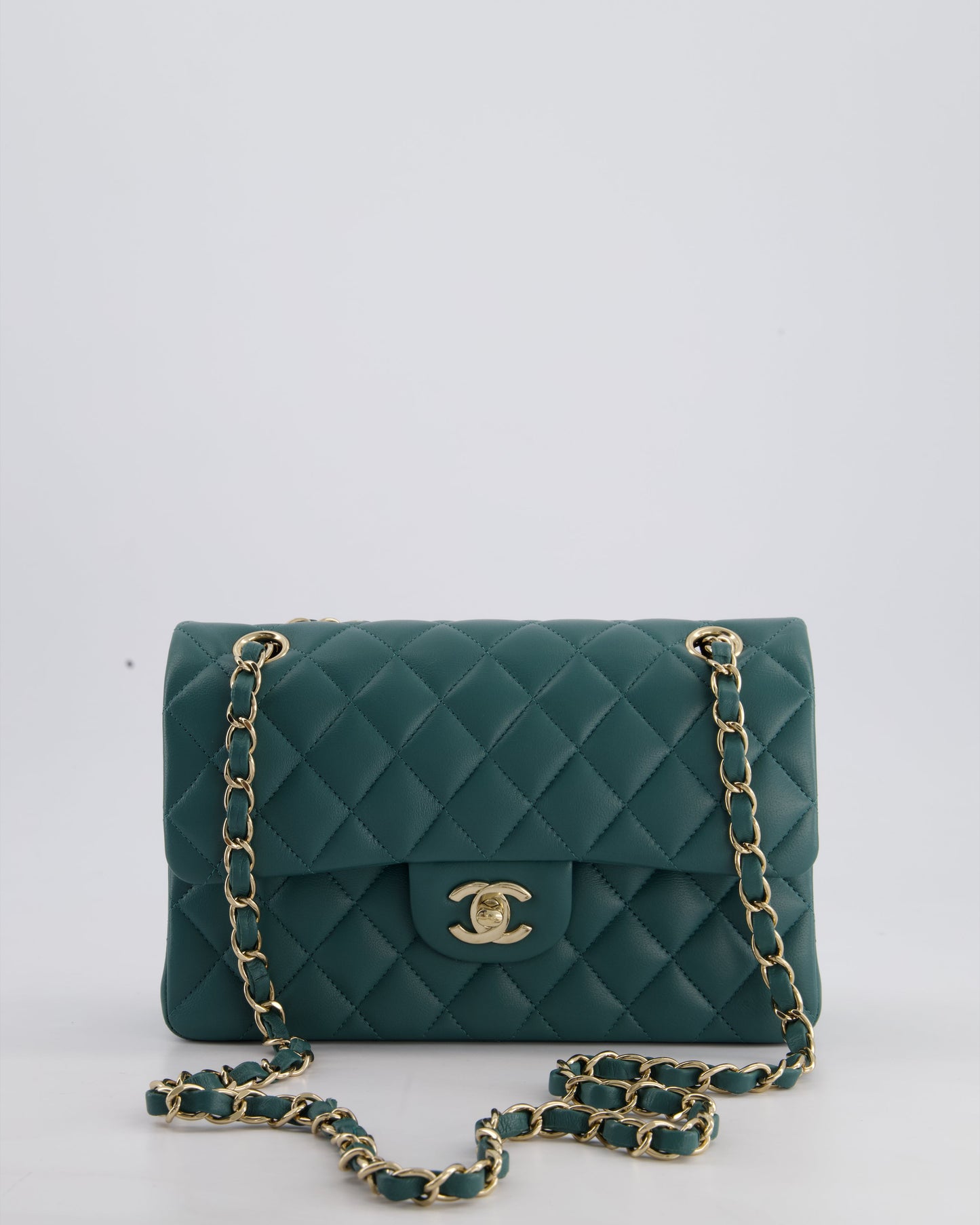 Chanel Green Small Classic Double Flap Bag in Lambskin Leather with Champagne Gold Hardware