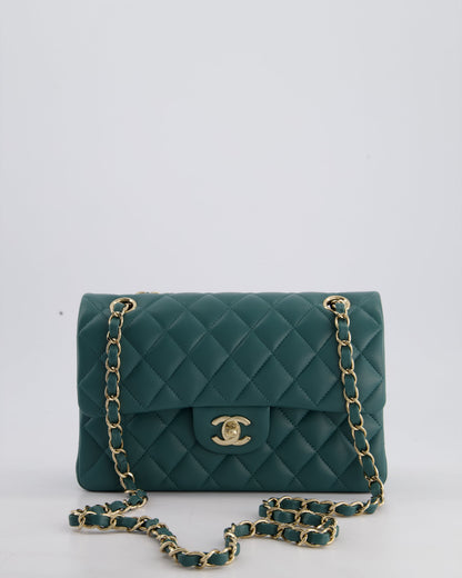 Chanel Green Small Classic Double Flap Bag in Lambskin Leather with Champagne Gold Hardware