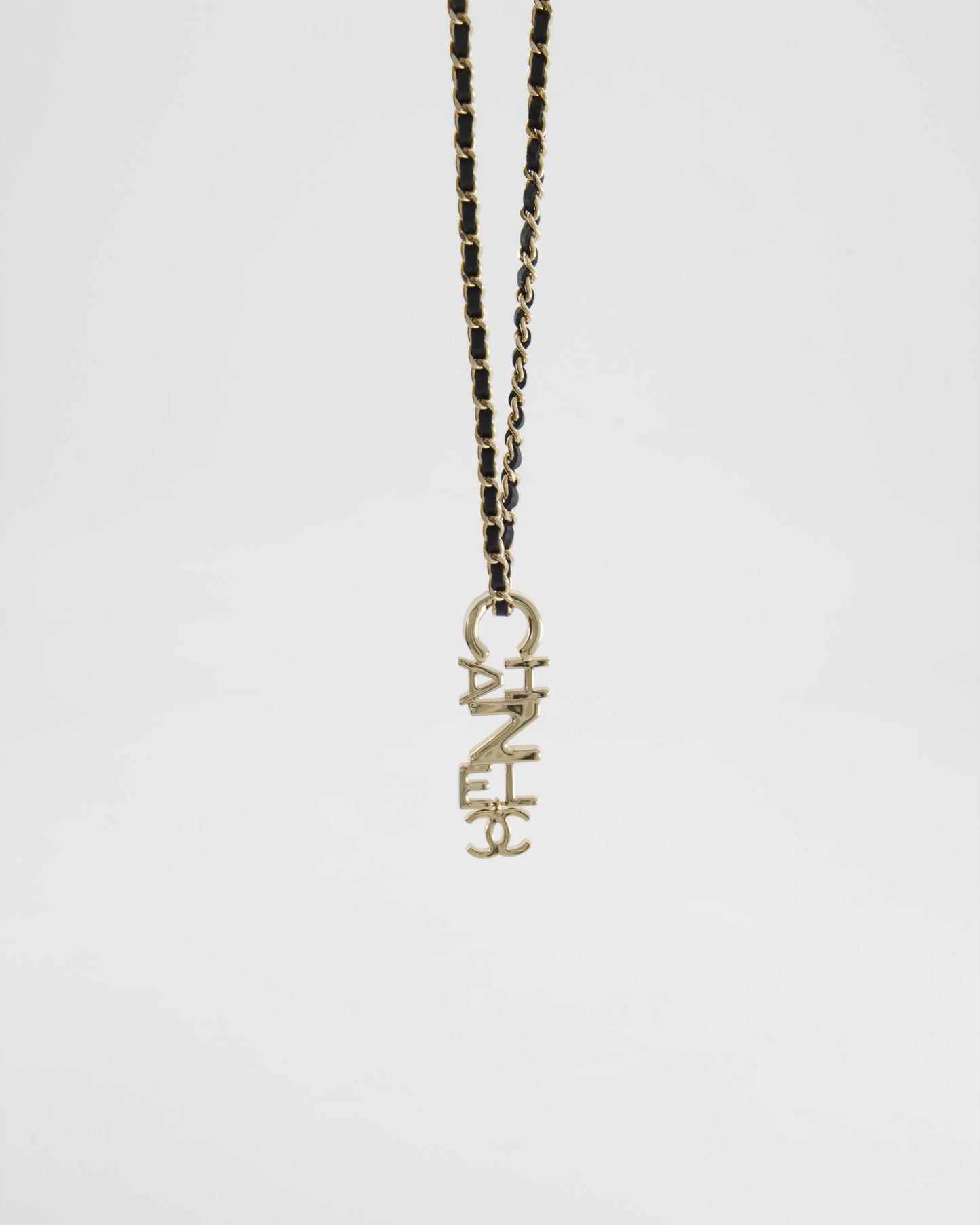 Chanel 22K Black Chain and Champagne Gold Necklace with Logo Pendant