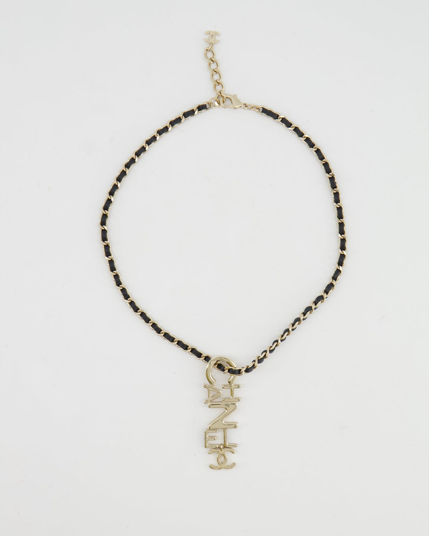 Chanel 22K Black Chain and Champagne Gold Necklace with Logo Pendant