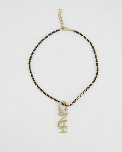 Chanel 22K Black Chain and Champagne Gold Necklace with Logo Pendant