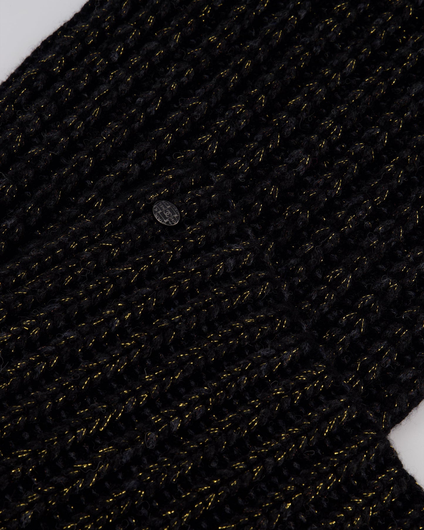 Chanel Black Grey and Gold Metallic Knitted Cashmere Blend Scarf with White CC Logo Button One Size