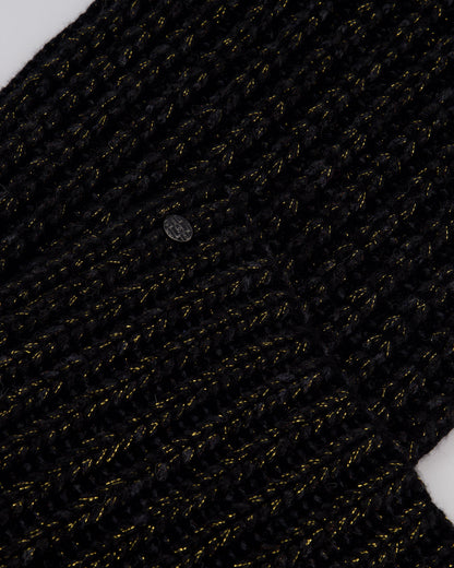Chanel Black Grey and Gold Metallic Knitted Cashmere Blend Scarf with White CC Logo Button One Size