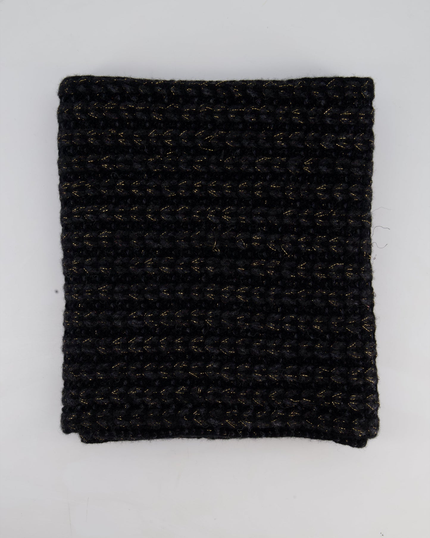 Chanel Black Grey and Gold Metallic Knitted Cashmere Blend Scarf with White CC Logo Button One Size