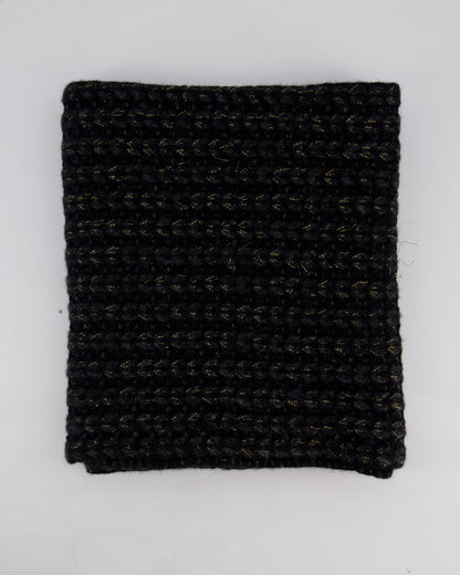 Chanel Black Grey and Gold Metallic Knitted Cashmere Blend Scarf with White CC Logo Button One Size