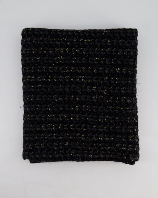 Chanel Black Grey and Gold Metallic Knitted Cashmere Blend Scarf with White CC Logo Button One Size
