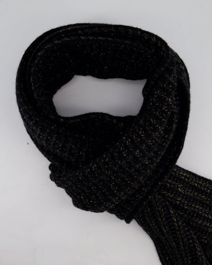 Chanel Black Grey and Gold Metallic Knitted Cashmere Blend Scarf with White CC Logo Button One Size