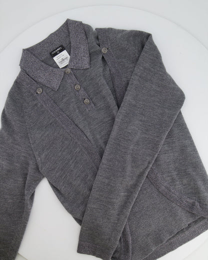 Chanel 08A Grey Two Piece Cashmere Detachable Top and Cardigan Set with Silver Metallic Details Size FR 40 (UK 12)