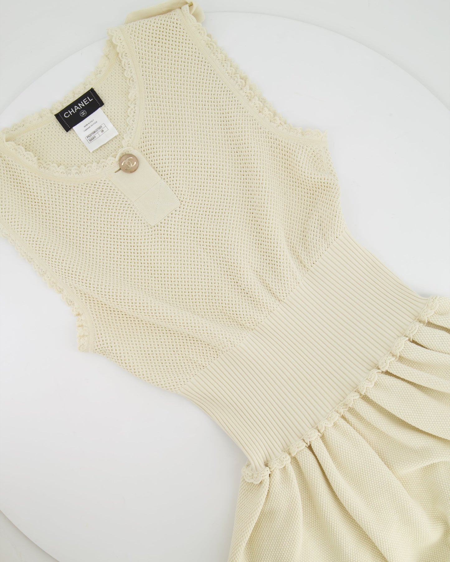 Chanel Cream Knit Sleeveless Mini Dress with Gold CC Logo Detail Size FR 38 (UK 10)