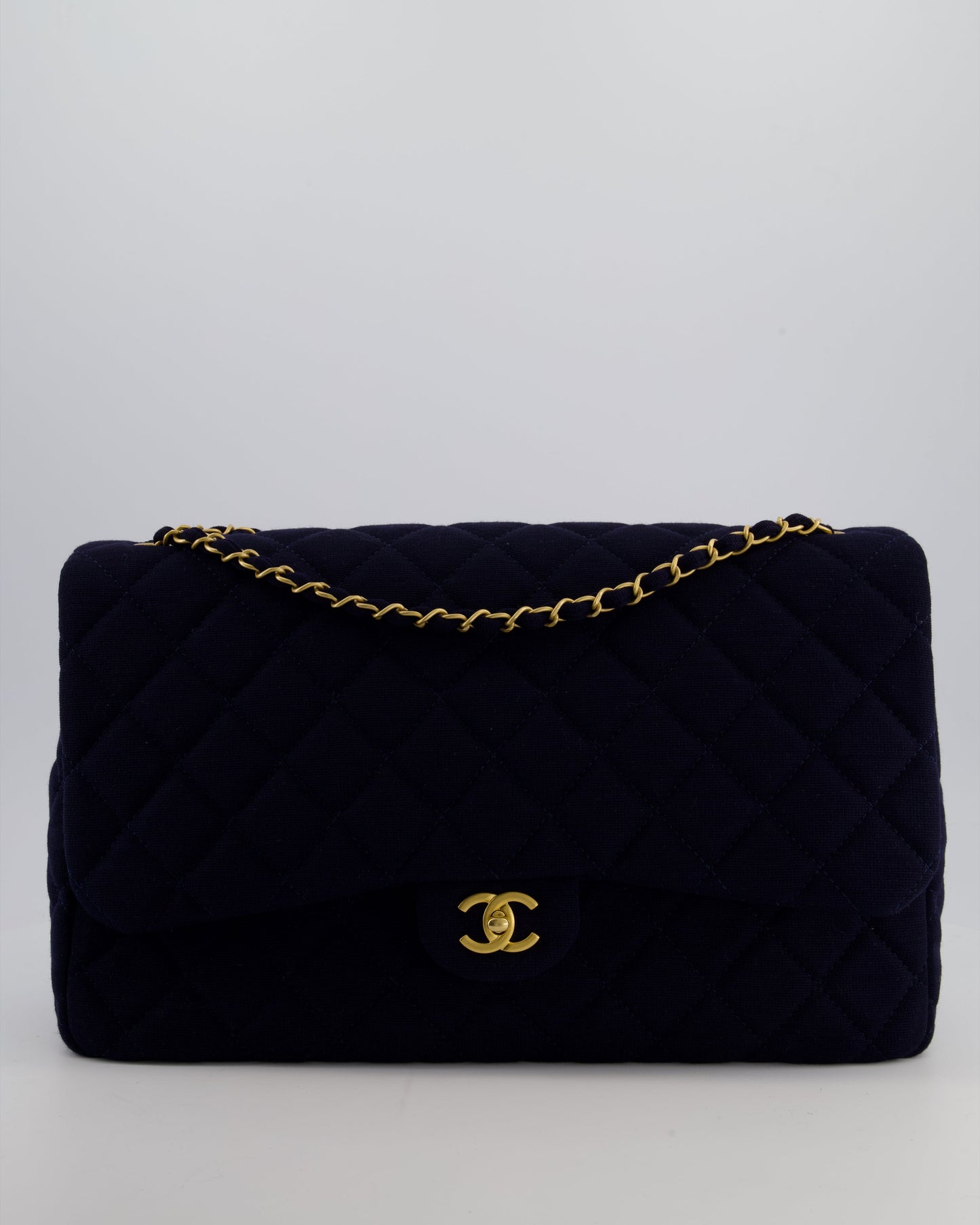 *HOT* Chanel Navy XXL Single Flap Bag in Quilted Jersey with Gold Hardware