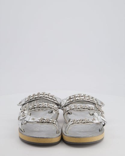 Chanel Silver Laminated Goatskin Dad Sandal with Chain Detail Size EU 37