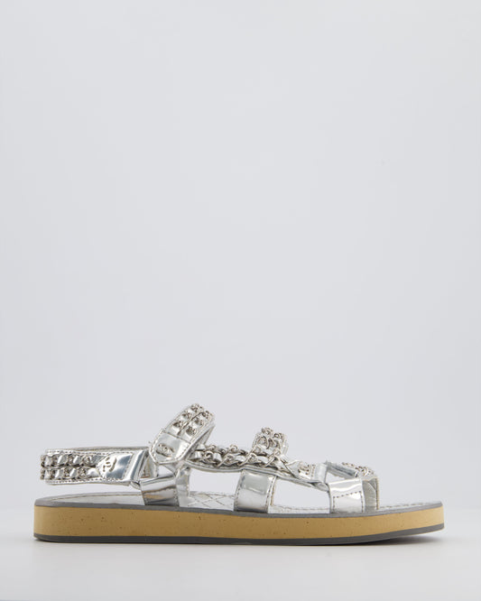 Chanel Silver Laminated Goatskin Dad Sandal with Chain Detail Size EU 37