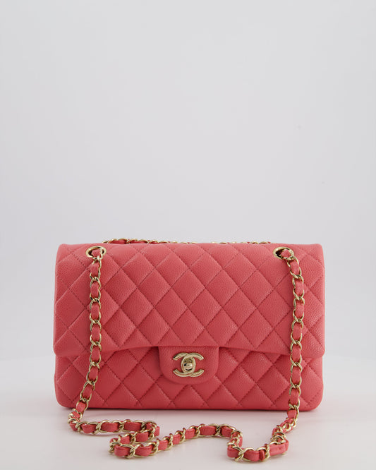 *HOT* Chanel Coral Pink Classic Medium Double Flap Bag in Caviar Leather with Champagne Gold Hardware