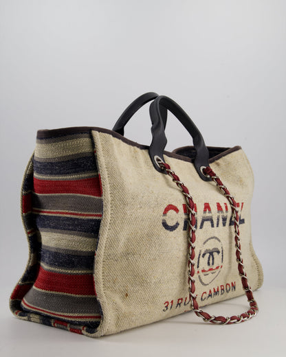 Chanel Blue and Red Medium Deauville Tote with Stripe Detail and Silver Hardware