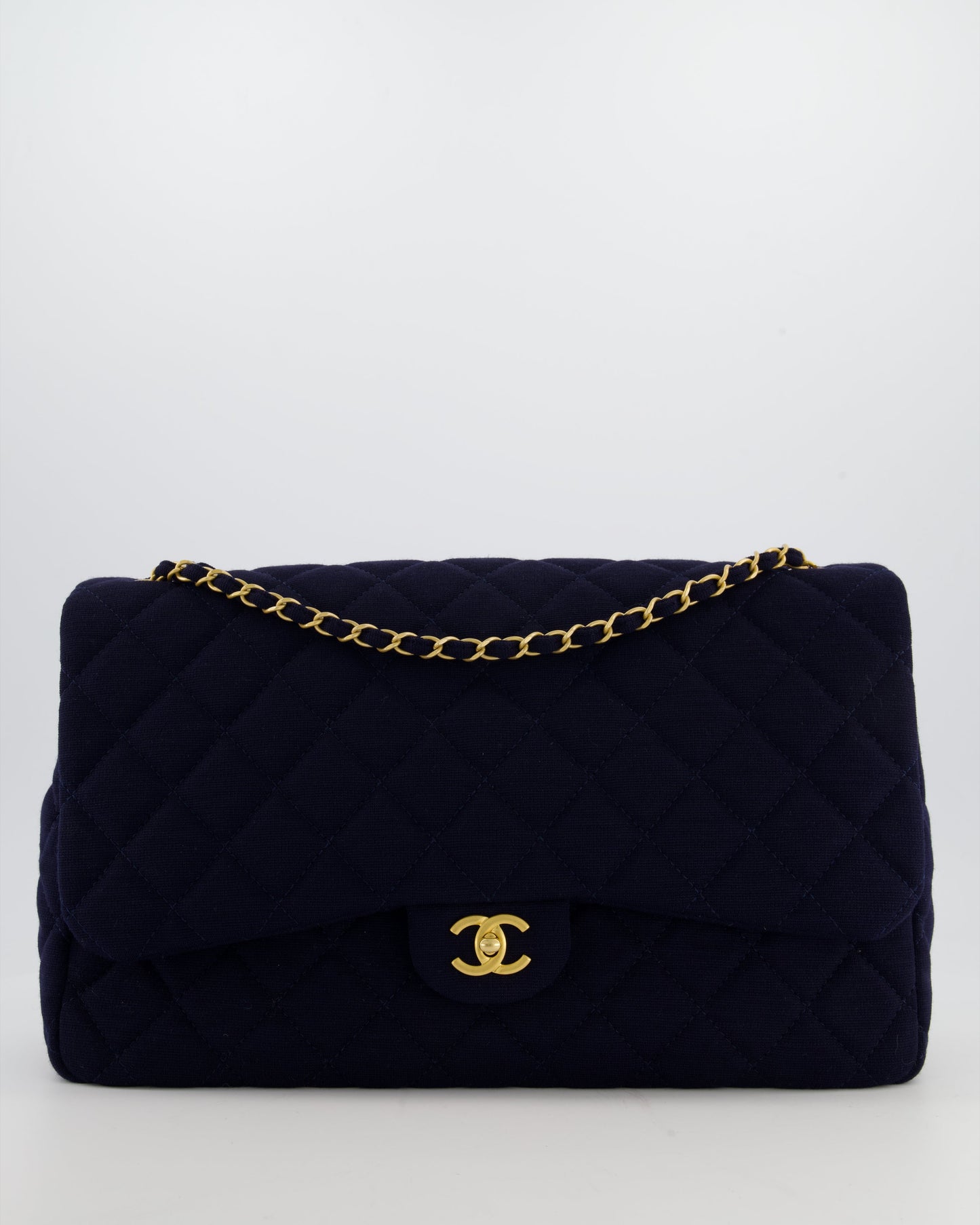 *HOT* Chanel Navy XXL Single Flap Bag in Quilted Jersey with Gold Hardware