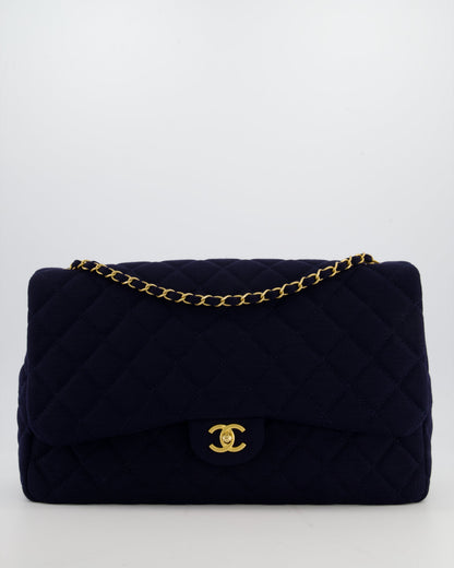 *HOT* Chanel Navy XXL Single Flap Bag in Quilted Jersey with Gold Hardware