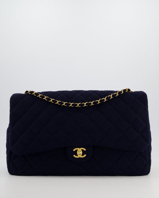 *HOT* Chanel Navy XXL Single Flap Bag in Quilted Jersey with Gold Hardware