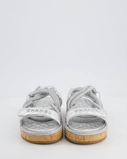 Chanel Metallic Silver Rope & Lambskin Dad Sandals with Silver CC Logo Details Size 39