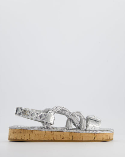 Chanel Metallic Silver Rope & Lambskin Dad Sandals with Silver CC Logo Details Size 39