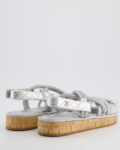 Chanel Metallic Silver Rope & Lambskin Dad Sandals with Silver CC Logo Details Size 39