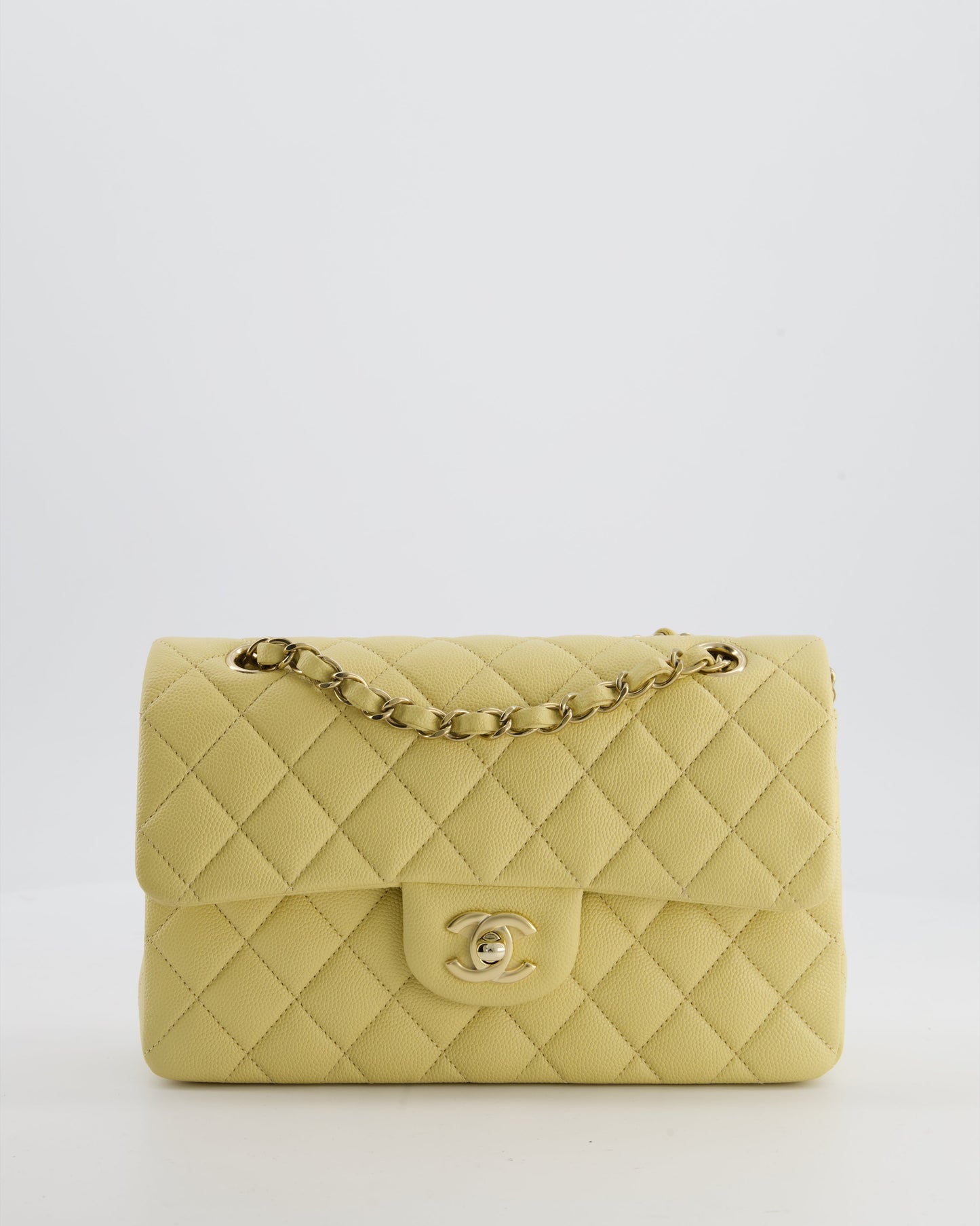 *RARE COLOUR* Chanel Small Classic Double Flap Bag in Butter Yellow Caviar Leather with Champagne Gold Hardware