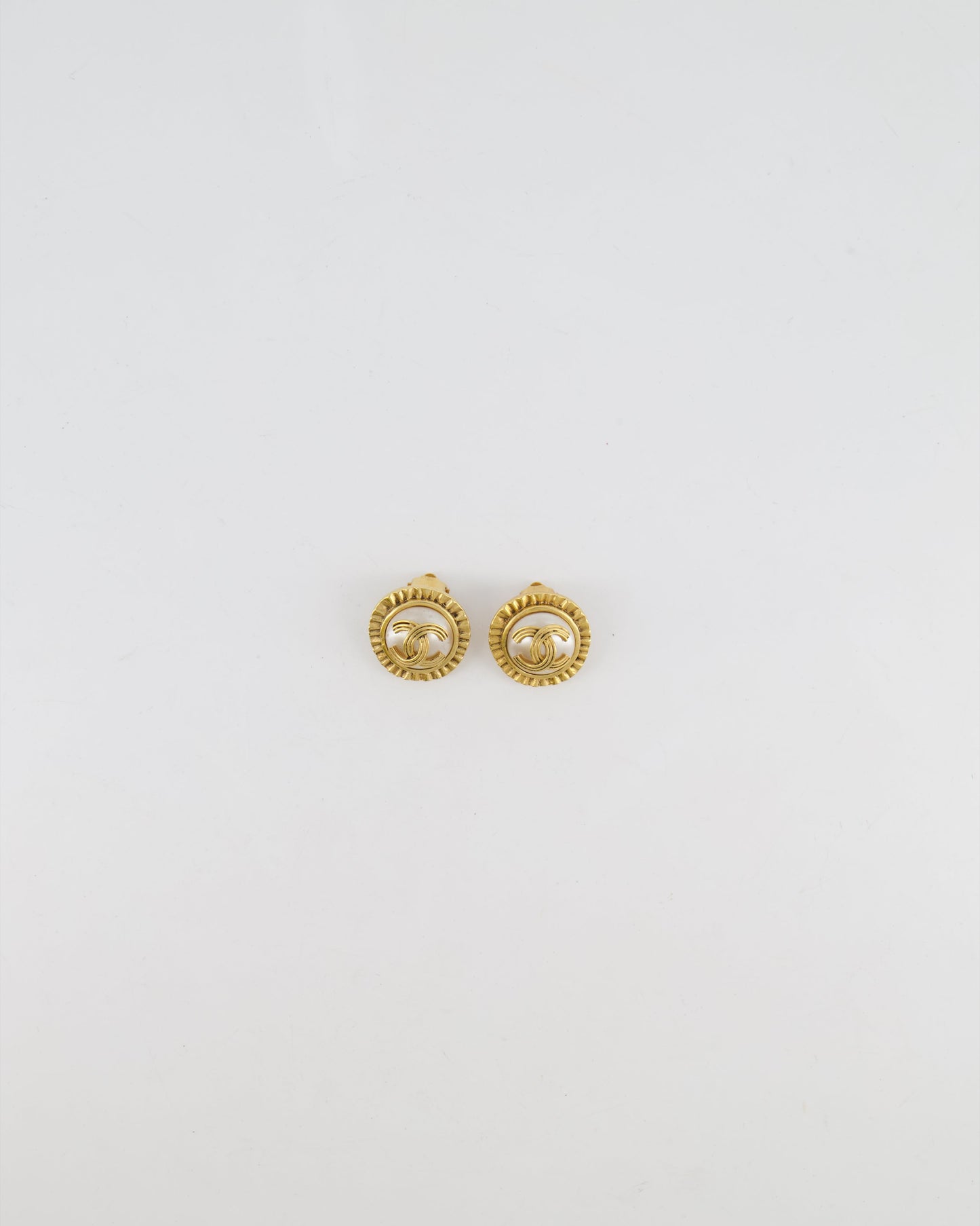 Chanel Vintage 94A Mother of Pearl and Gold Clip on Earrings with Rouched Border Detail and CC Logo