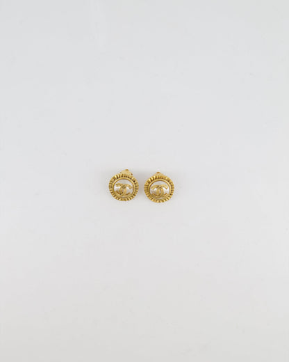 Chanel Vintage 94A Mother of Pearl and Gold Clip on Earrings with Rouched Border Detail and CC Logo