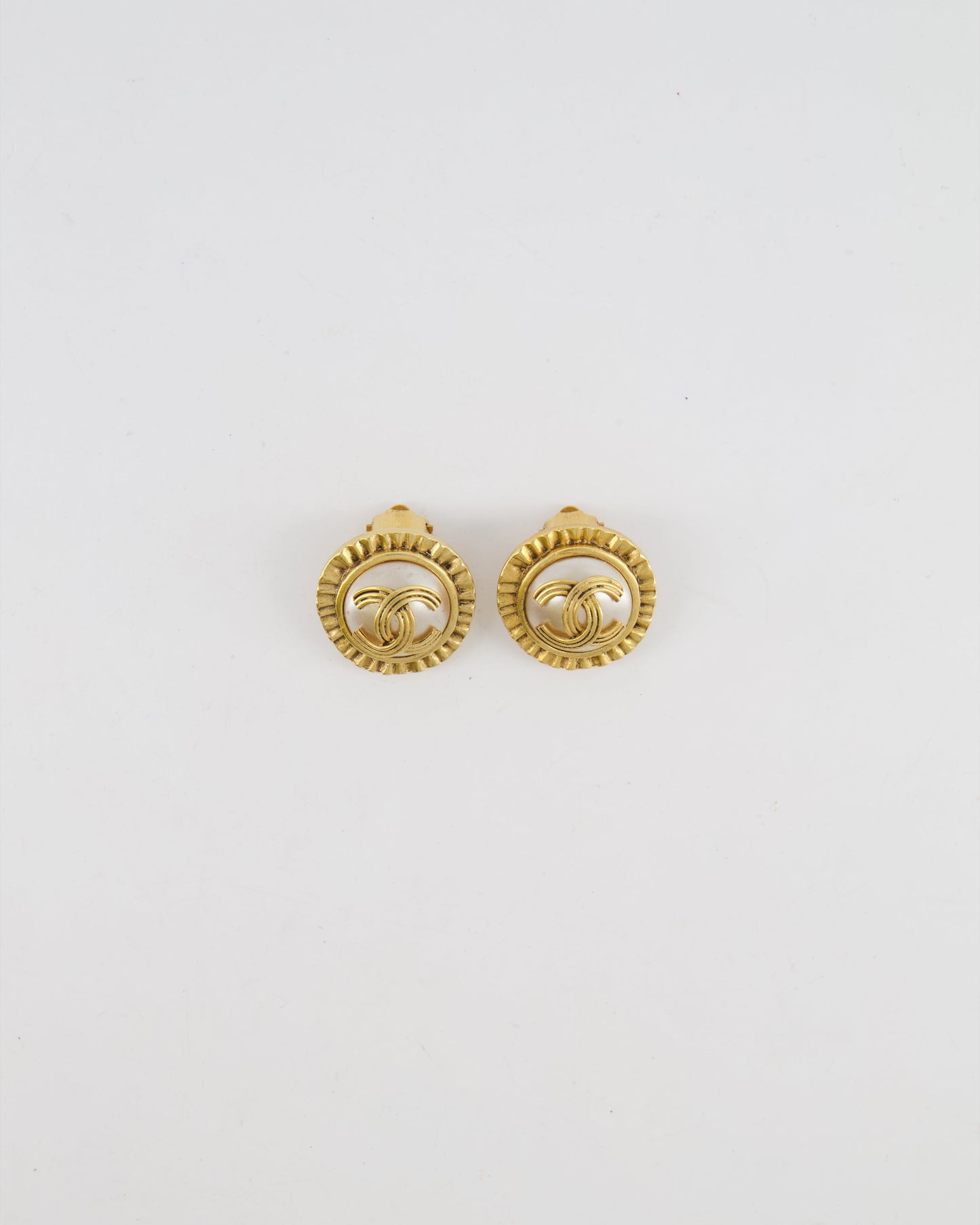 Chanel Vintage 94A Mother of Pearl and Gold Clip on Earrings with Rouched Border Detail and CC Logo