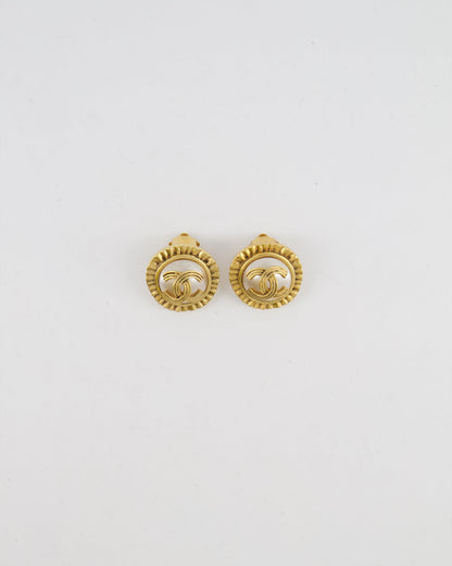 Chanel Vintage 94A Mother of Pearl and Gold Clip on Earrings with Rouched Border Detail and CC Logo