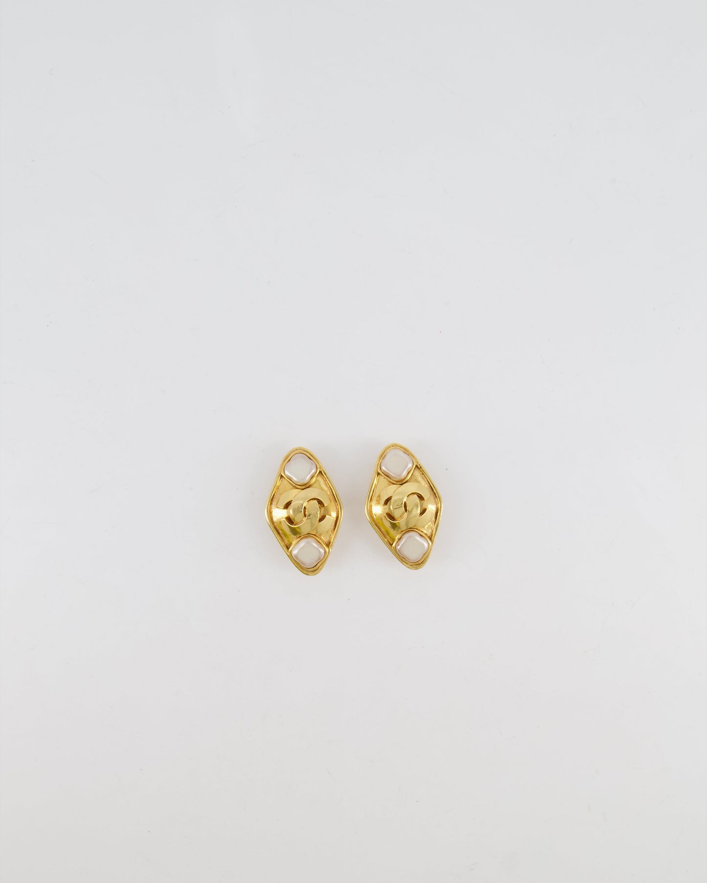 Chanel Vintage 95P Gold Rhombus Shaped Clip on Earrings with Mother of Pearl and CC Logo