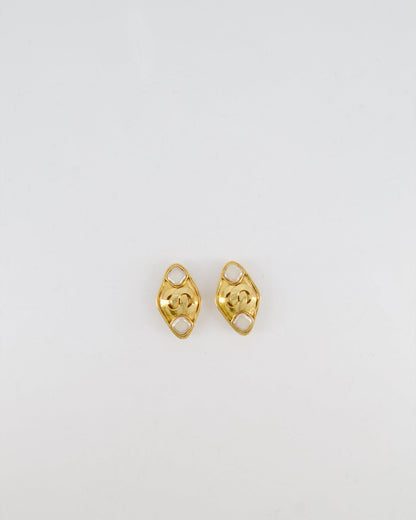 Chanel Vintage 95P Gold Rhombus Shaped Clip on Earrings with Mother of Pearl and CC Logo