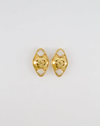 Chanel Vintage 95P Gold Rhombus Shaped Clip on Earrings with Mother of Pearl and CC Logo