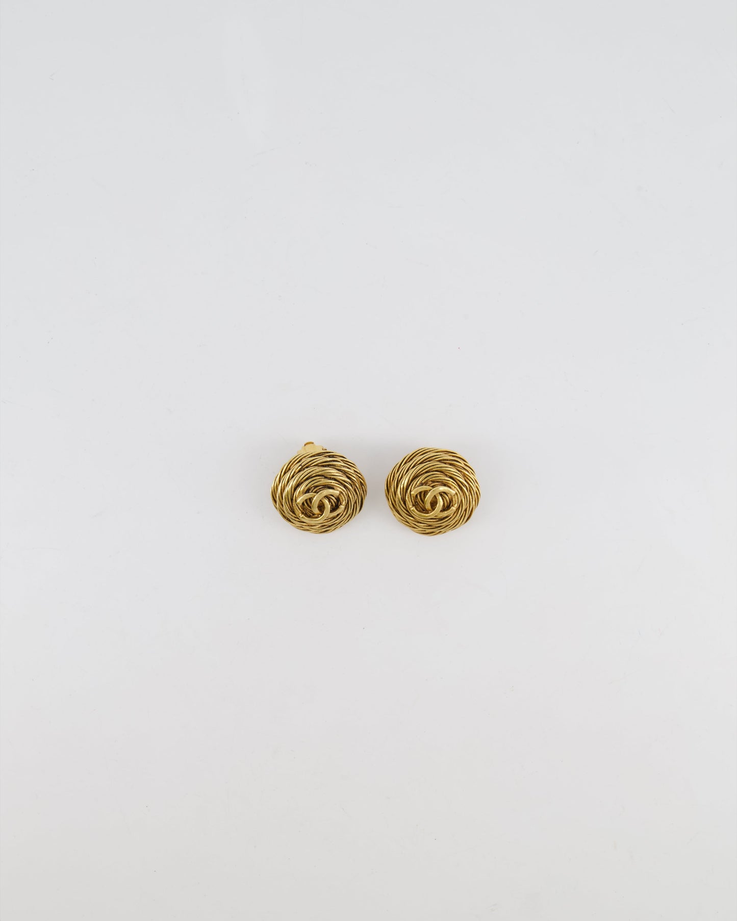 Chanel Vintage 94A Gold Round Cabled Spiral Clip on Earrings with CC Logo Detail