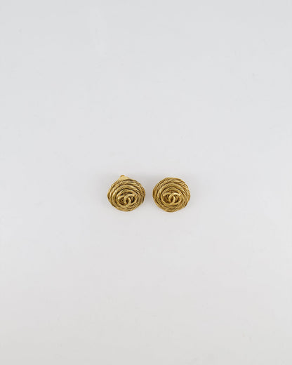 Chanel Vintage 94A Gold Round Cabled Spiral Clip on Earrings with CC Logo Detail