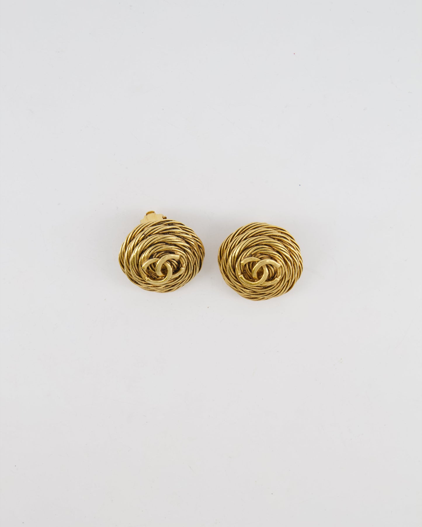 Chanel Vintage 94A Gold Round Cabled Spiral Clip on Earrings with CC Logo Detail