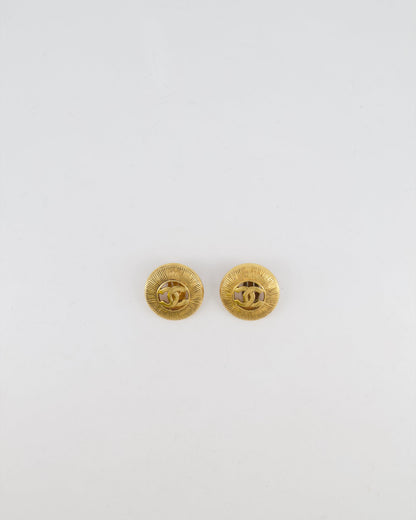 Chanel Vintage Gold Large Round Button Clip On Earrings with Striped Detail and CC Logo