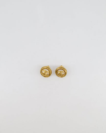 Chanel Vintage 94A Gold Spiral Round Clip On Earrings with Embedded Pearl and Gold CC Logo