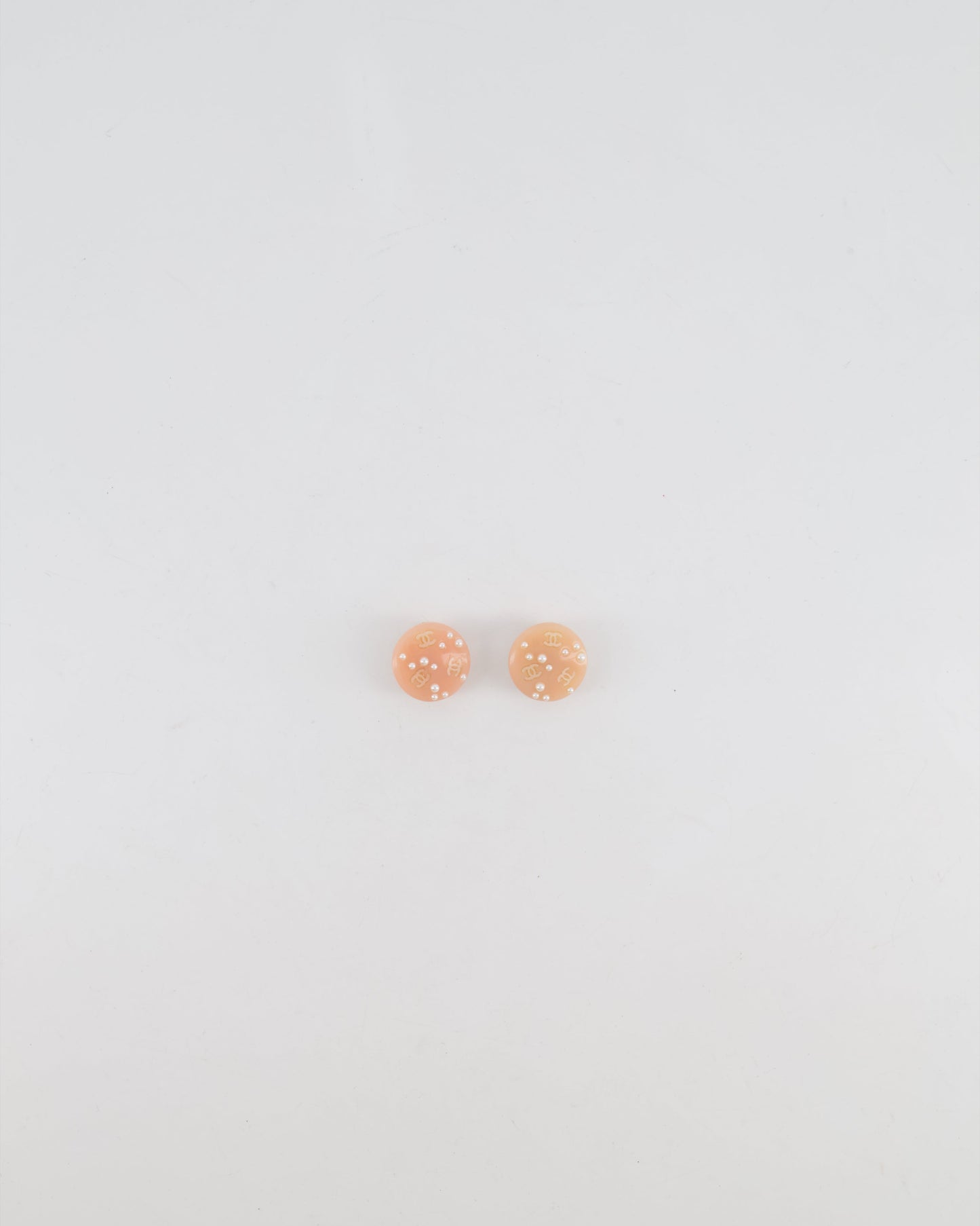 Chanel Vintage Blush Pink Round Clip On Earrings with Pearl Embellishments and CC Logo Details