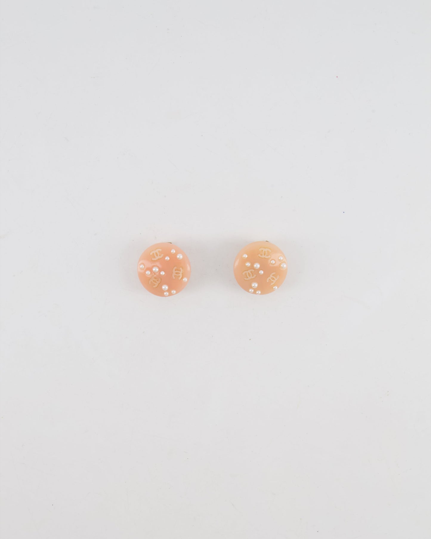 Chanel Vintage Blush Pink Round Clip On Earrings with Pearl Embellishments and CC Logo Details