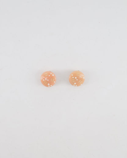 Chanel Vintage Blush Pink Round Clip On Earrings with Pearl Embellishments and CC Logo Details