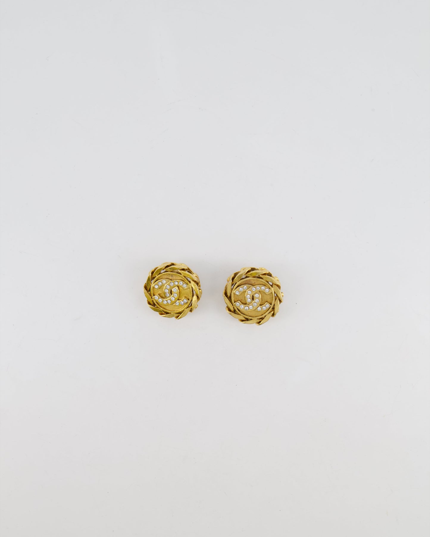Chanel Vintage Gold Round Chain Link Clip On Earrings with Crystal Embellished CC Logo