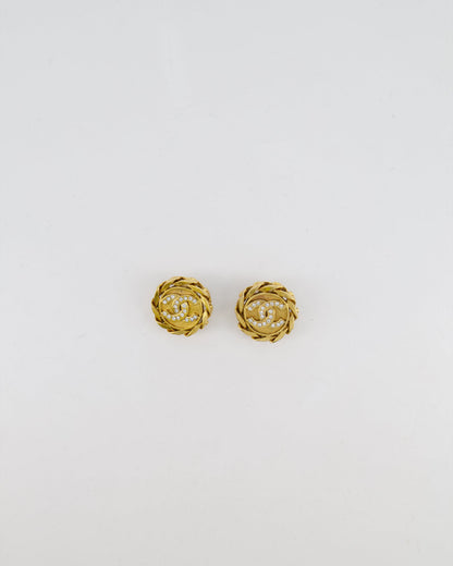 Chanel Vintage Gold Round Chain Link Clip On Earrings with Crystal Embellished CC Logo