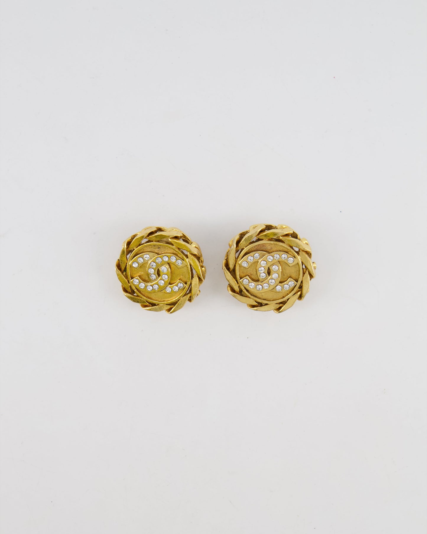 Chanel Vintage Gold Round Chain Link Clip On Earrings with Crystal Embellished CC Logo