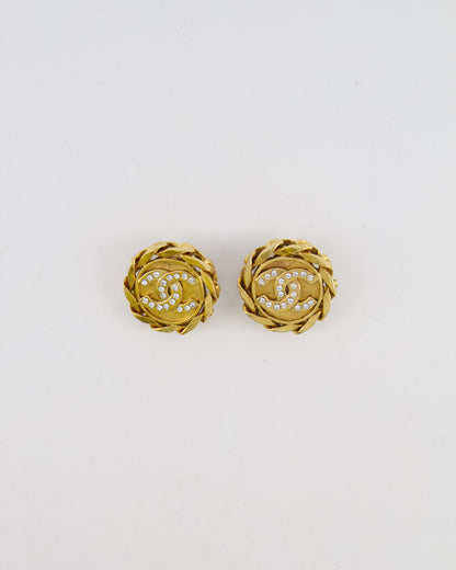 Chanel Vintage Gold Round Chain Link Clip On Earrings with Crystal Embellished CC Logo