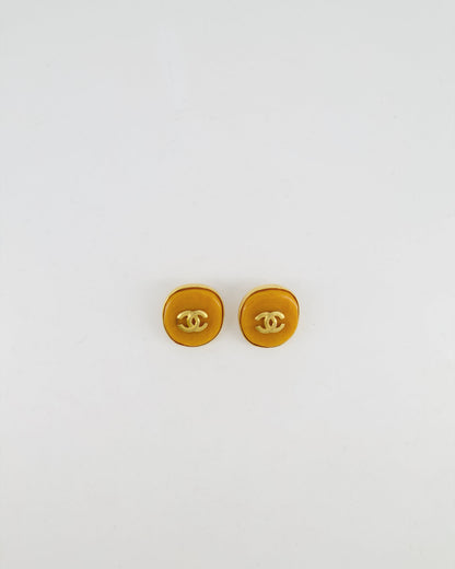 Chanel Vintage 98P Orange Rounded Clip On Earrings with Gold Rim and CC Logo Detail