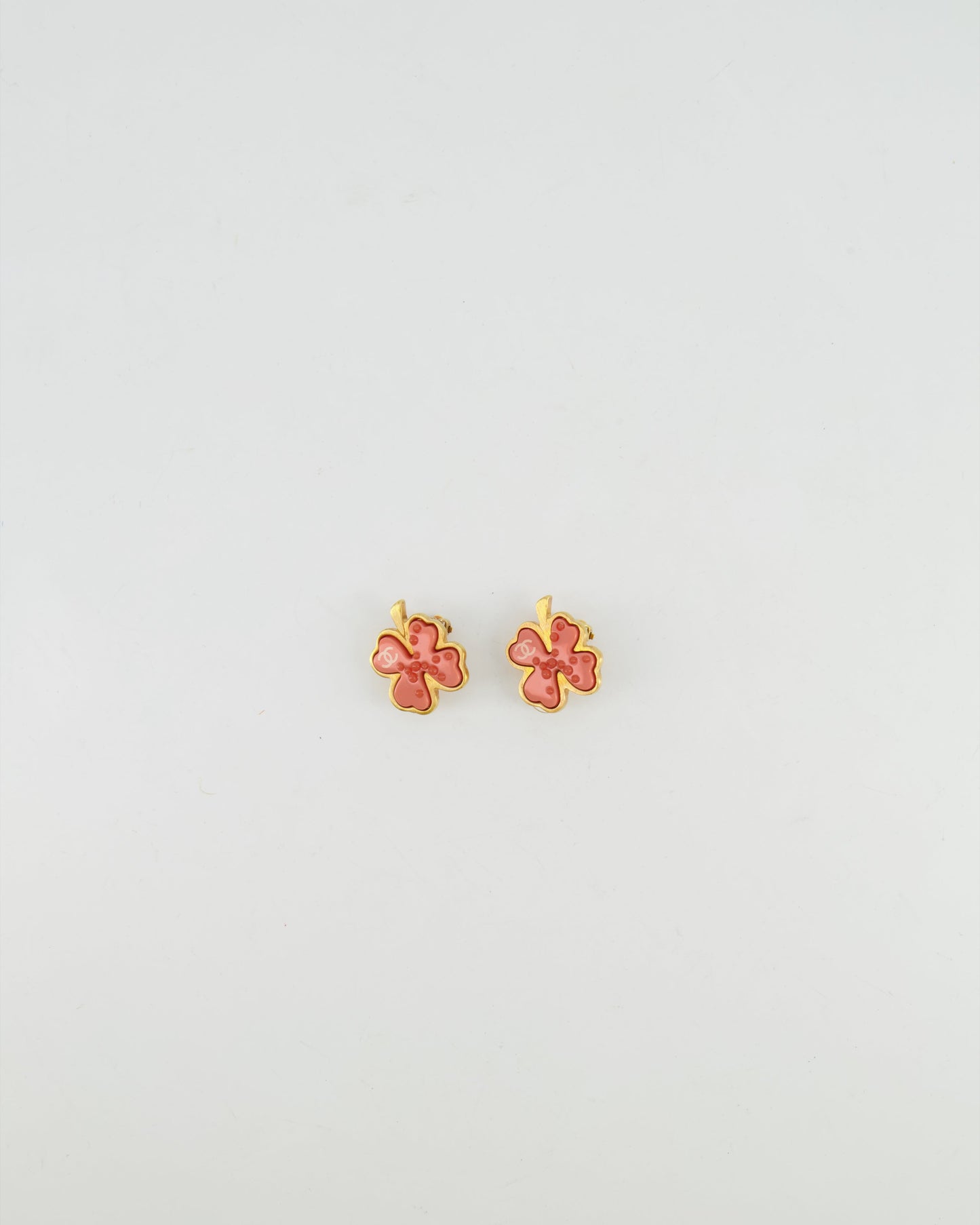 Chanel Vintage Brushed Gold and Pink Clover Clip On Earrings with CC Logo and Beads Details